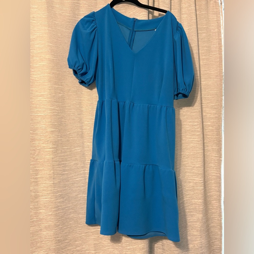 Chic Teal Puff Sleeve Midi Dress